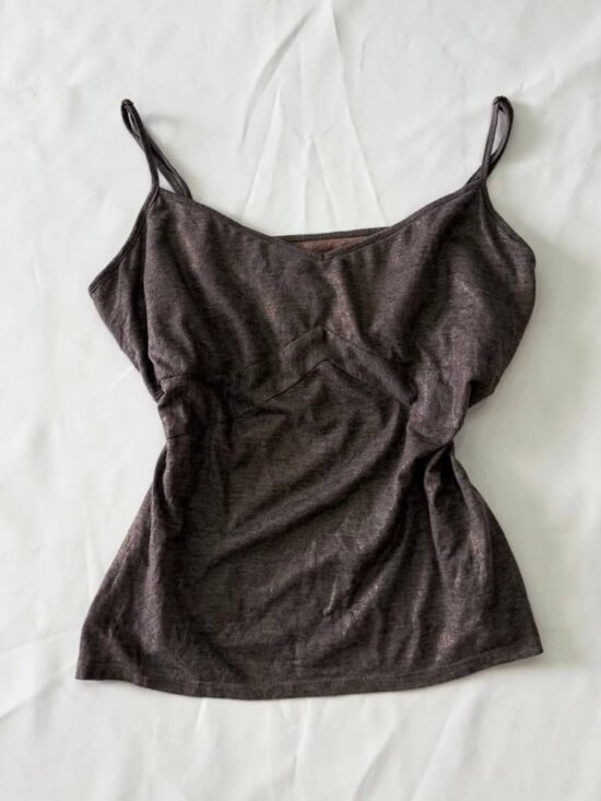 Tops - Y2K Brown Gray Satin Cami Top Ruched Front Spaghetti Strap 90s Vintage